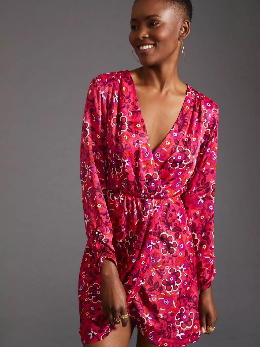 ANTHROPOLOGIE NWT Maeve Satin Wrap Mini Dress Floral Pink Purple